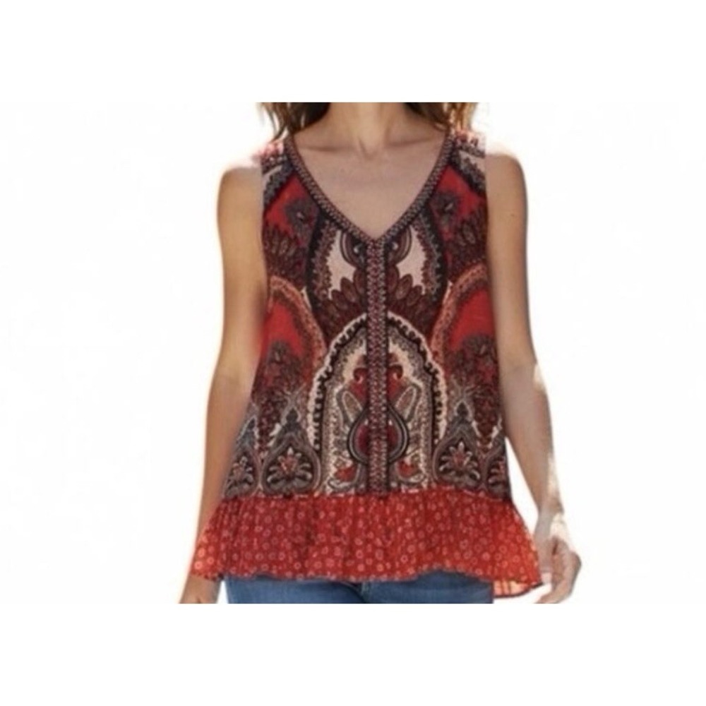 Bila Blouse Sz L Red Colorful Sleeveless Boho Hippie Festival Gypsy Ruffle Trim